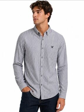 American Eagle Vintage Fit Striped Button Down Shirt Gray Cotton Men’s L